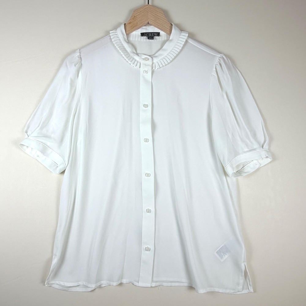 J.Crew Re-Imagined Ivory Pleated Ruffle Collar Blouse Short Sleeve White Small